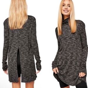 We The Free Stone Cold Black Gray Ribbed Long Sleeve Split Hem Turtleneck Tunic